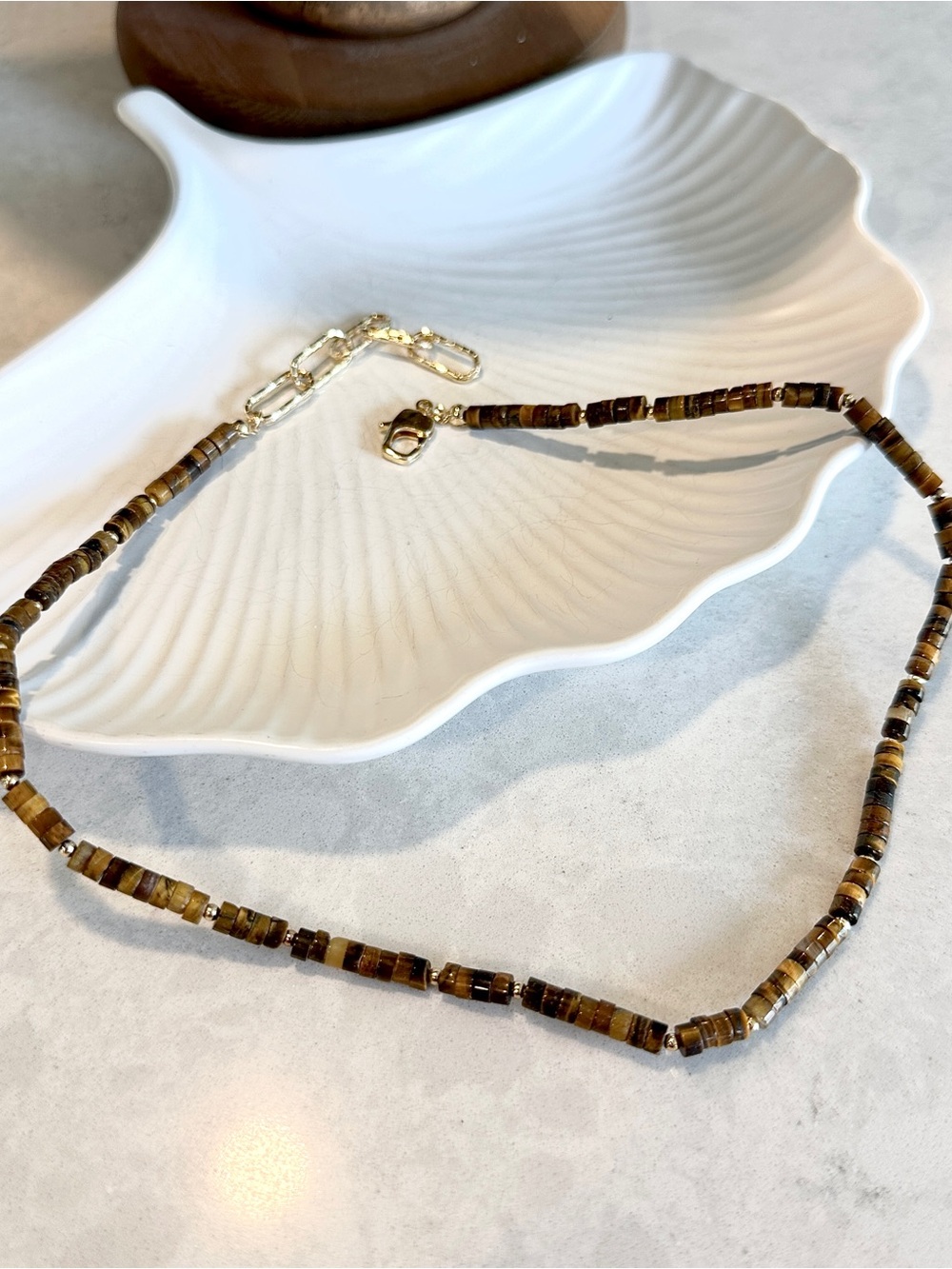 Tiger Eye Heishi Beaded Necklace Gold Tone Handmade